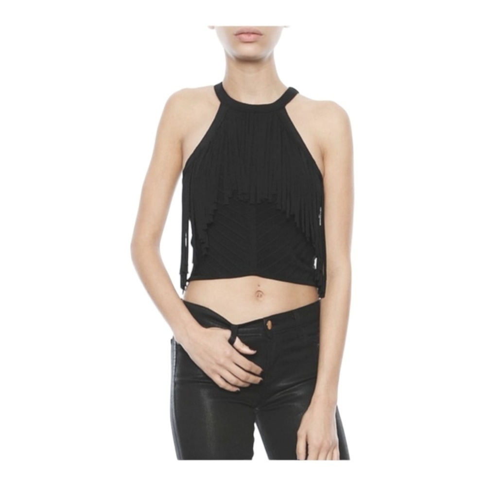 Torn by Ronny Kobo Reba Fringe Crop Top in Black NWT
